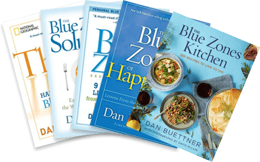 Covers of Blue Zones books.